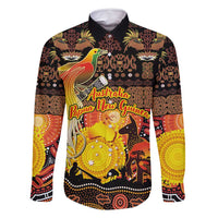 Personalized Australia and Papua New Guinea Together Family Matching Off Shoulder Short Dress and Hawaiian Shirt Kangaroo Aboriginal Art and Bird-of-paradise Oro Tribal Motifs LT03 Dad's Shirt - Long Sleeve Black - Polynesian Pride