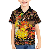 Personalized Australia and Papua New Guinea Together Family Matching Off Shoulder Short Dress and Hawaiian Shirt Kangaroo Aboriginal Art and Bird-of-paradise Oro Tribal Motifs LT03 Son's Shirt Black - Polynesian Pride