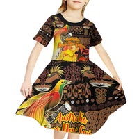 Personalized Australia and Papua New Guinea Together Kid Short Sleeve Dress Kangaroo Aboriginal Art and Bird-of-paradise Oro Tribal Motifs - Polynesian Pride
