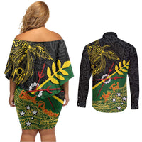 Personalized Chimpu Province Papua New Guinea Couples Matching Off Shoulder Short Dress and Long Sleeve Button Shirt Bird-of-paradise Art Tattoo and Melanesian Motifs - Polynesian Pride