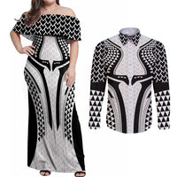 Hawaiian Kakau Art Tattoos Aquaman Style Couples Matching Off Shoulder Maxi Dress and Long Sleeve Button Shirt White Version - Polynesian Pride