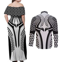 Hawaiian Kakau Art Tattoos Aquaman Style Couples Matching Off Shoulder Maxi Dress and Long Sleeve Button Shirt White Version - Polynesian Pride