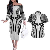 Hawaiian Kakau Art Tattoos Aquaman Style Couples Matching Off The Shoulder Long Sleeve Dress and Hawaiian Shirt White Version - Polynesian Pride