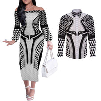 Hawaiian Kakau Art Tattoos Aquaman Style Couples Matching Off The Shoulder Long Sleeve Dress and Long Sleeve Button Shirt White Version - Polynesian Pride