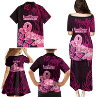 Polynesia Breast Cancer Family Matching Puletasi Dress and Hawaiian Shirt Butterfly and Flowers Ribbon Maori Tattoo Ethnic Black Style LT03 - Polynesian Pride