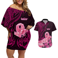Custom Polynesia Breast Cancer Couples Matching Off Shoulder Short Dress and Hawaiian Shirt Butterfly and Flowers Ribbon Maori Tattoo Ethnic Black Style LT03 Black - Polynesian Pride