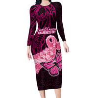 Custom Polynesia Breast Cancer Family Matching Long Sleeve Bodycon Dress and Hawaiian Shirt Butterfly and Flowers Ribbon Maori Tattoo Ethnic Black Style LT03 Mom's Dress Black - Polynesian Pride
