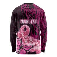 Custom Polynesia Breast Cancer Long Sleeve Shirt Butterfly and Flowers Ribbon Maori Tattoo Ethnic Black Style LT03 - Polynesian Pride