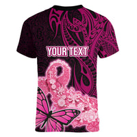 Custom Polynesia Breast Cancer Women V Neck T Shirt Butterfly and Flowers Ribbon Maori Tattoo Ethnic Black Style LT03 - Polynesian Pride