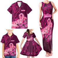 Polynesia Breast Cancer Family Matching Tank Maxi Dress and Hawaiian Shirt Butterfly and Flowers Ribbon Maori Tattoo Ethnic Pink Style LT03 - Polynesian Pride