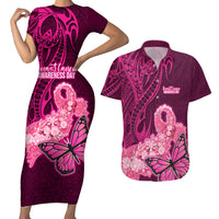 Custom Polynesia Breast Cancer Couples Matching Short Sleeve Bodycon Dress and Hawaiian Shirt Butterfly and Flowers Ribbon Maori Tattoo Ethnic Pink Style LT03 Pink - Polynesian Pride