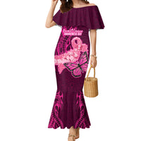 Custom Polynesia Breast Cancer Mermaid Dress Butterfly and Flowers Ribbon Maori Tattoo Ethnic Pink Style LT03 Women Pink - Polynesian Pride