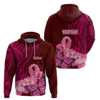 Custom Polynesia Breast Cancer Hoodie Butterfly and Flowers Ribbon Maori Tattoo Ethnic Red Style LT03 - Polynesian Pride