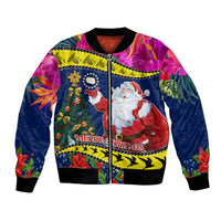 Cook Island Christmas Bomber Jacket Santa Claus Mix Maroro and Kakaia Hibiscus Flower Maori Pattern LT03 Unisex Blue - Polynesian Pride