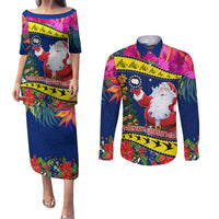Cook Island Christmas Couples Matching Puletasi Dress and Long Sleeve Button Shirt Santa Claus Mix Maroro and Kakaia Hibiscus Flower Maori Pattern LT03 Blue - Polynesian Pride