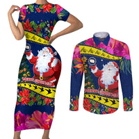 Cook Island Christmas Couples Matching Short Sleeve Bodycon Dress and Long Sleeve Button Shirt Santa Claus Mix Maroro and Kakaia Hibiscus Flower Maori Pattern LT03 Blue - Polynesian Pride