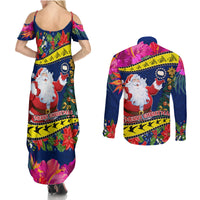 Cook Island Christmas Couples Matching Summer Maxi Dress and Long Sleeve Button Shirt Santa Claus Mix Maroro and Kakaia Hibiscus Flower Maori Pattern LT03 - Polynesian Pride