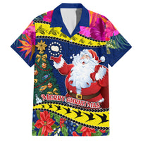 Cook Island Christmas Family Matching Off Shoulder Long Sleeve Dress and Hawaiian Shirt Santa Claus Mix Maroro and Kakaia Hibiscus Flower Maori Pattern LT03 Dad's Shirt - Short Sleeve Blue - Polynesian Pride