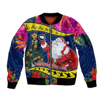 Cook Island Christmas Sleeve Zip Bomber Jacket Santa Claus Mix Maroro and Kakaia Hibiscus Flower Maori Pattern LT03 Unisex Blue - Polynesian Pride
