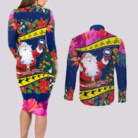 Personalised Cook Island Christmas Couples Matching Long Sleeve Bodycon Dress and Long Sleeve Button Shirt Santa Claus Mix Maroro and Kakaia Hibiscus Flower Maori Pattern LT03 - Polynesian Pride