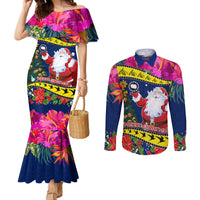 Personalised Cook Island Christmas Couples Matching Mermaid Dress and Long Sleeve Button Shirt Santa Claus Mix Maroro and Kakaia Hibiscus Flower Maori Pattern LT03 Blue - Polynesian Pride