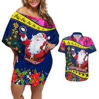 Personalised Cook Island Christmas Couples Matching Off Shoulder Short Dress and Hawaiian Shirt Santa Claus Mix Maroro and Kakaia Hibiscus Flower Maori Pattern LT03 Blue - Polynesian Pride