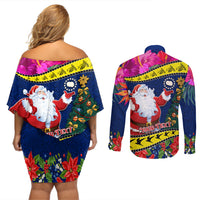 Personalised Cook Island Christmas Couples Matching Off Shoulder Short Dress and Long Sleeve Button Shirt Santa Claus Mix Maroro and Kakaia Hibiscus Flower Maori Pattern LT03 - Polynesian Pride