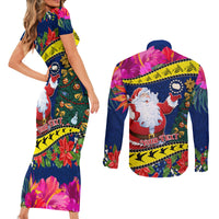 Personalised Cook Island Christmas Couples Matching Short Sleeve Bodycon Dress and Long Sleeve Button Shirt Santa Claus Mix Maroro and Kakaia Hibiscus Flower Maori Pattern LT03 - Polynesian Pride