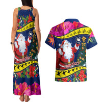 Personalised Cook Island Christmas Couples Matching Tank Maxi Dress and Hawaiian Shirt Santa Claus Mix Maroro and Kakaia Hibiscus Flower Maori Pattern LT03 - Polynesian Pride
