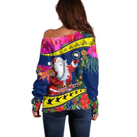 Personalised Cook Island Christmas Off Shoulder Sweater Santa Claus Mix Maroro and Kakaia Hibiscus Flower Maori Pattern LT03 - Polynesian Pride