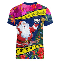 Personalised Cook Island Christmas Women V Neck T Shirt Santa Claus Mix Maroro and Kakaia Hibiscus Flower Maori Pattern LT03 - Polynesian Pride