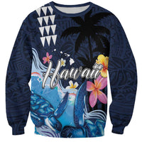 Hawaiian Honu Honi Ihu Sweatshirt With Plumeria and Kakau Art Pattern LT03 Unisex Dark Blue - Polynesian Pride