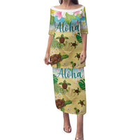 Aloha Turtle Family on The Beach Family Matching Puletasi and Hawaiian Shirt with Hawaiian Colorful Plumeria