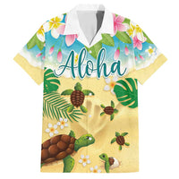 Aloha Turtle Family on The Beach Family Matching Tank Maxi Dress and Hawaiian Shirt with Hawaiian Colorful Plumeria