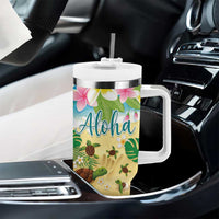 Hawaii Aloha Turtle Family on The Beach with Colorful Tropical Flowers Tumbler With Handle