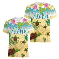 Aloha Turtle Family on The Beach Women V-Neck T-Shirt with Hawaiian Colorful Plumeria