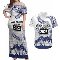 Cook Islands Marathon 2025-Pursuit in Paradise Couples Matching Off Shoulder Maxi Dress and Hawaiian Shirt Blue Color