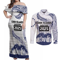 Cook Islands Marathon 2025-Pursuit in Paradise Couples Matching Off Shoulder Maxi Dress and Long Sleeve Button Shirt Blue Color