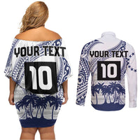 Cook Islands Marathon 2025-Pursuit in Paradise Couples Matching Off Shoulder Short Dress and Long Sleeve Button Shirt Blue Color