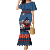 Custom Toa Samoa Rugby Mermaid Dress Samoan Warrior Ula Fala Tribal Pattern LT03 Women Blue - Polynesian Pride