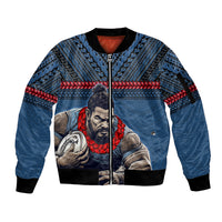 Custom Toa Samoa Rugby Sleeve Zip Bomber Jacket Samoan Warrior Ula Fala Tribal Pattern LT03 Unisex Blue - Polynesian Pride