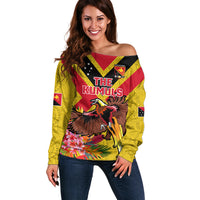 Custom Papua New Guinea Rugby Off Shoulder Sweater Bird of Paradise and Hibiscus Polynesian Pattern Yellow Color LT03
