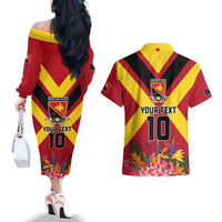 Custom Papua New Guinea Rugby Couples Matching Off The Shoulder Long Sleeve Dress and Hawaiian Shirt Bird of Paradise and Hibiscus Polynesian Pattern Red Color LT03