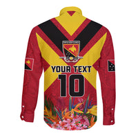 Custom Papua New Guinea Rugby Long Sleeve Button Shirt Bird of Paradise and Hibiscus Polynesian Pattern Red Color LT03 - Polynesian Pride