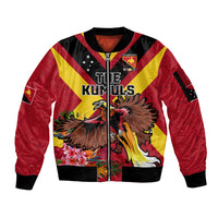 Custom Papua New Guinea Rugby Sleeve Zip Bomber Jacket Bird of Paradise and Hibiscus Polynesian Pattern Red Color LT03