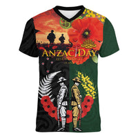 New Zealand and Australia ANZAC Day Women V-Neck T-Shirt Lest We Forget Indigenous and Maori Pattern