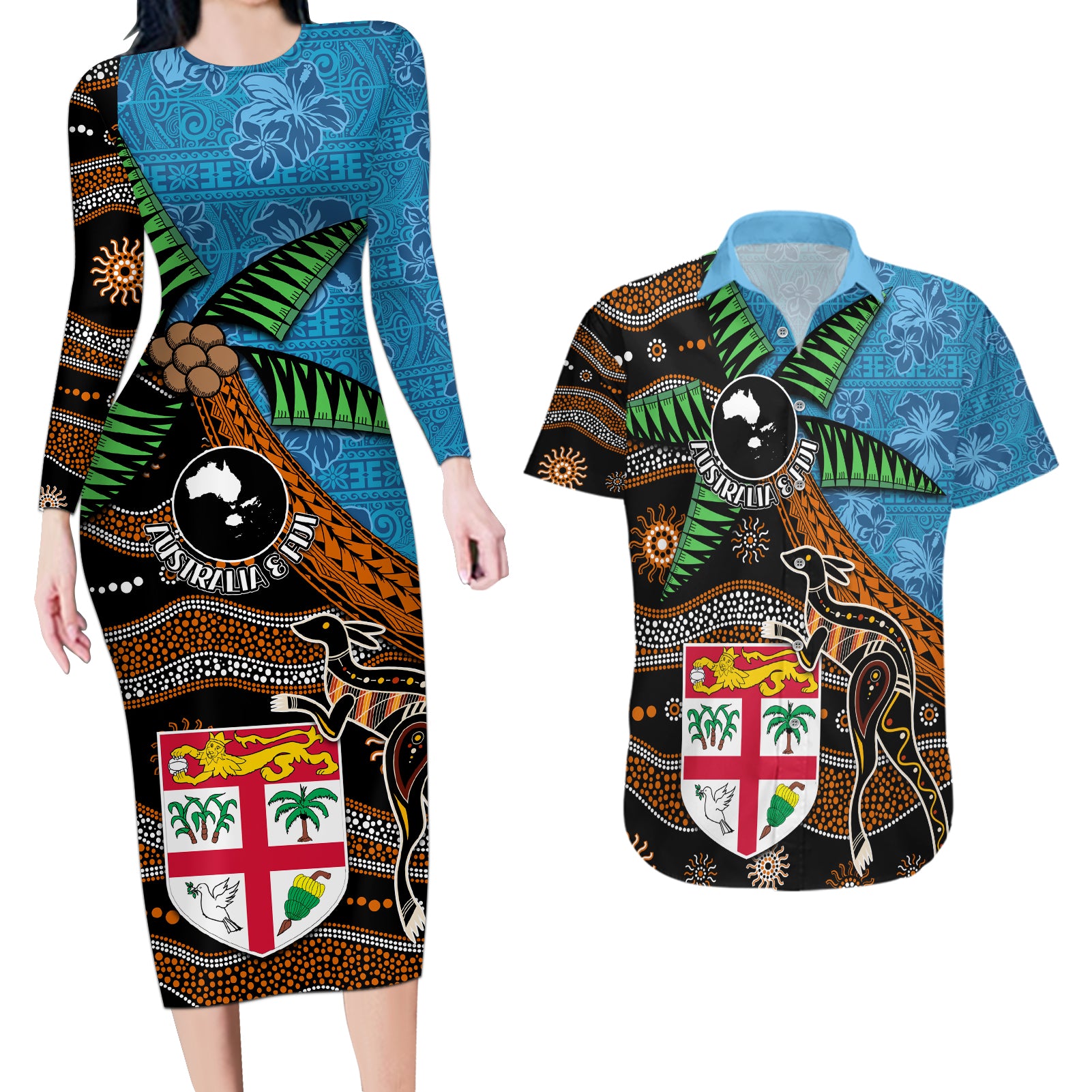 Fiji and Australia Couples Matching Long Sleeve Bodycon Dress and Hawaiian Shirt Fijian and Aboriginal mix Culture
