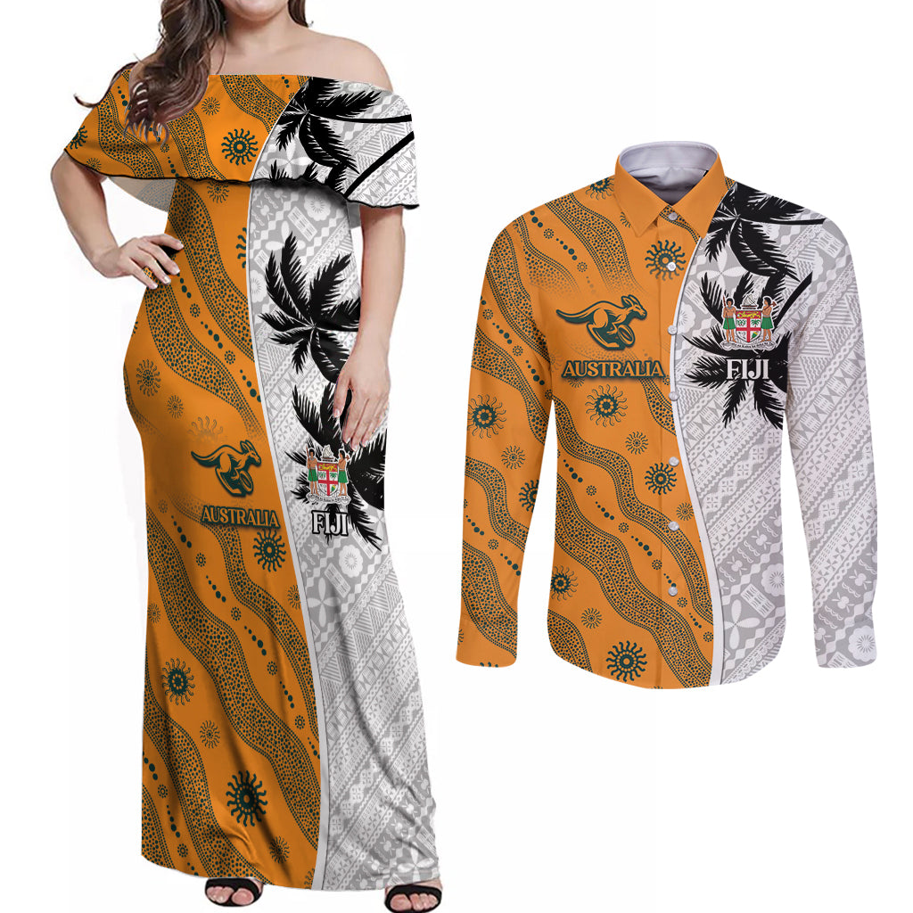 Custom Fiji and Australia Rugby Couples Matching Off Shoulder Maxi Dress and Long Sleeve Button Shirt Tapa Mix Aboriginal Pattern Half Style