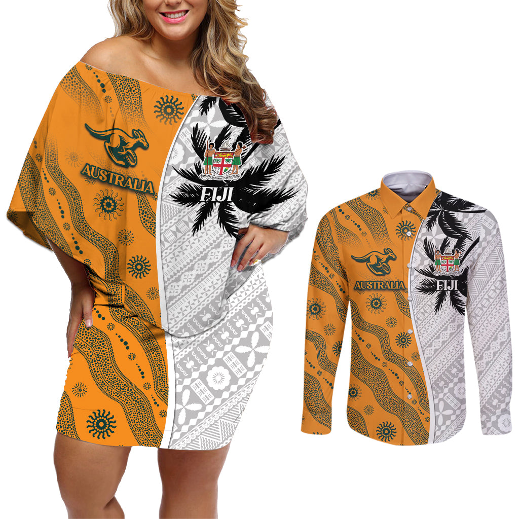 Custom Fiji and Australia Rugby Couples Matching Off Shoulder Short Dress and Long Sleeve Button Shirt Tapa Mix Aboriginal Pattern Half Style