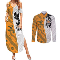 Custom Fiji and Australia Rugby Couples Matching Summer Maxi Dress and Long Sleeve Button Shirt Tapa Mix Aboriginal Pattern Half Style LT03 White - Polynesian Pride